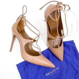 Aquazzura Christy Pumps Tan Leather Heels Curvy Lace Up Pointed Toe Sz 37 / 7 US